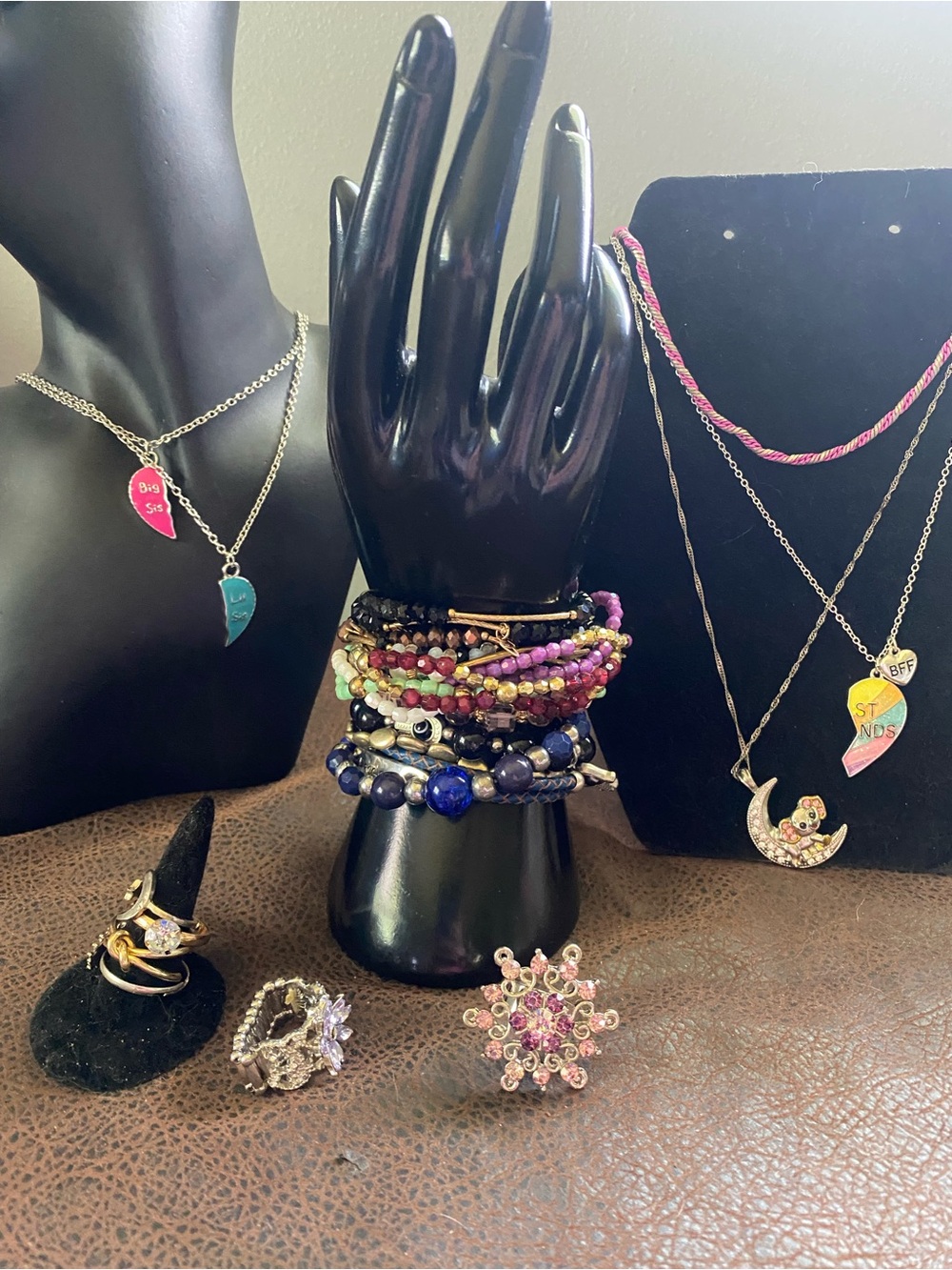 28 Girls Dress up or play jewelry Multicolor Beaded Bracelets, rings, necklaces